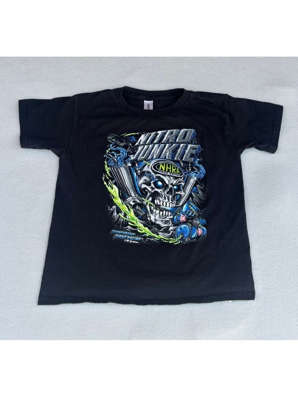 NHRA Nitro Junkie Skull Drag Racing Graphic T Shirt Black Youth XS Gildan